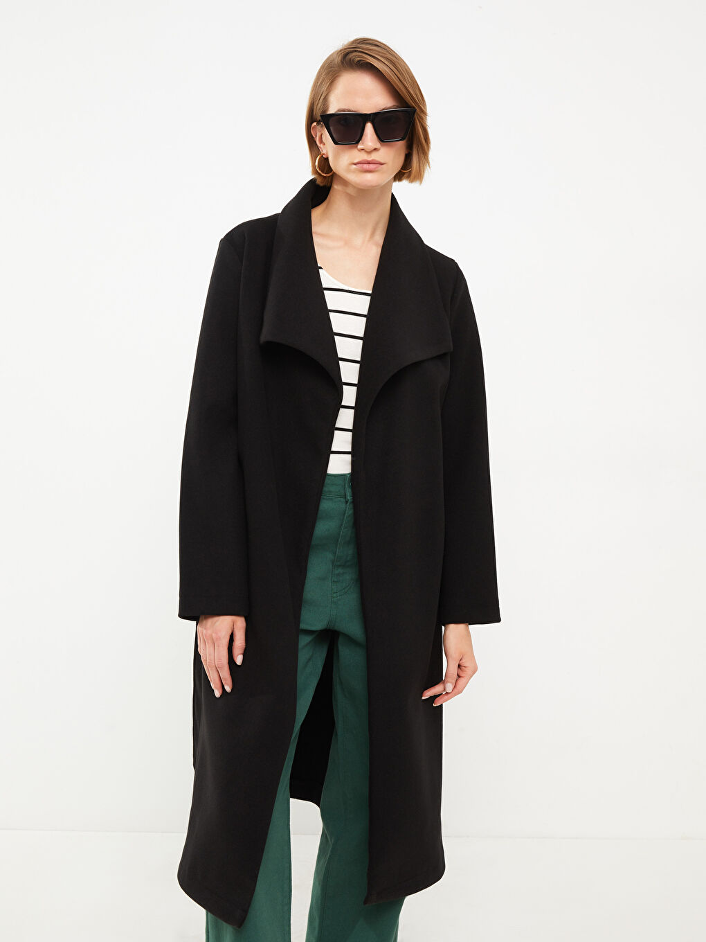 Manteau en Cachet à Col Châle Droit à Manches Longues pour Femmes-1