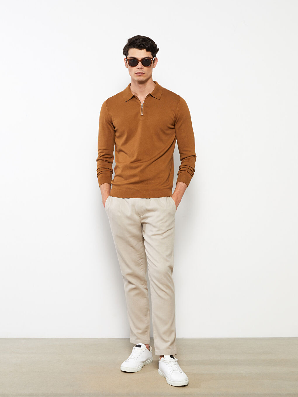 Bej Polo Yaka Uzun Kollu Erkek Triko Kazak