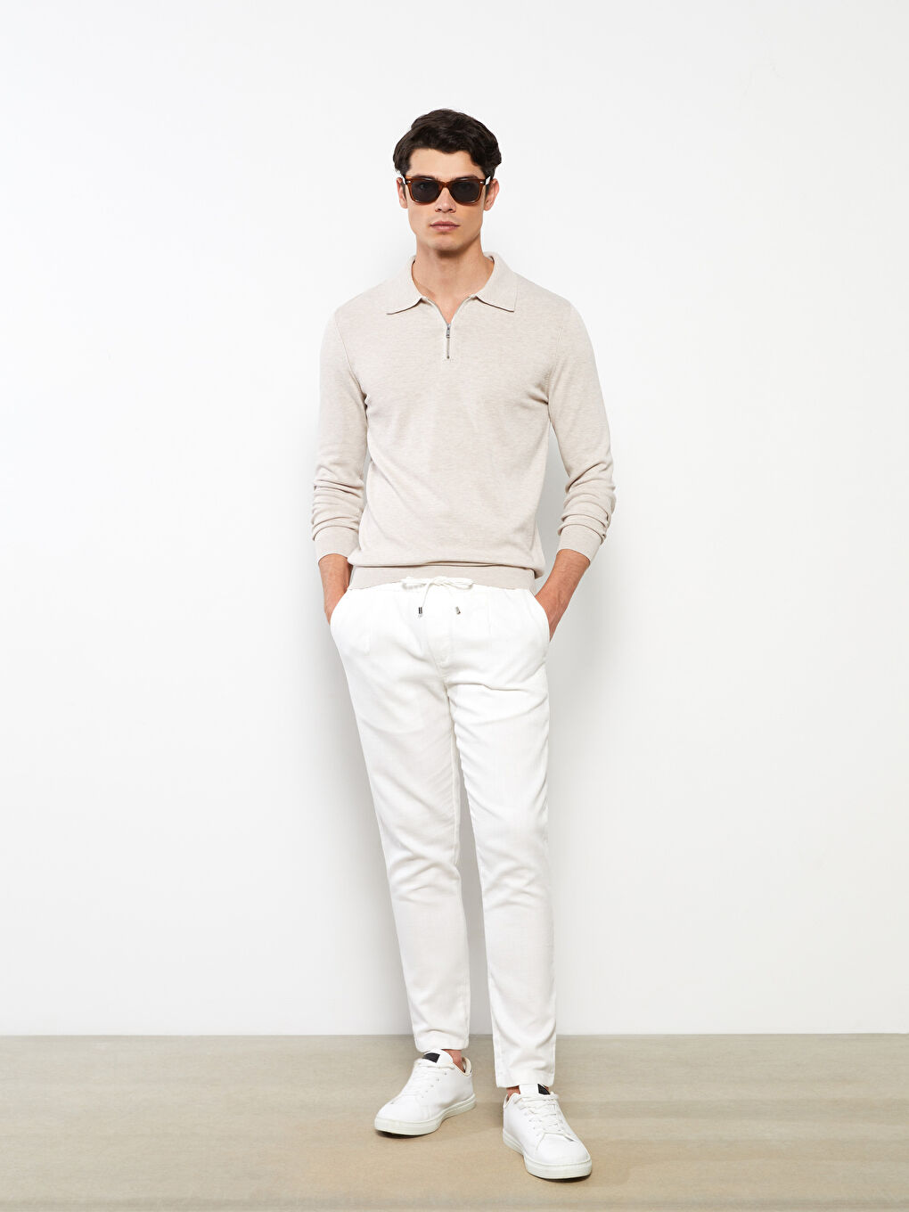 Bej Polo Yaka Uzun Kollu Erkek Triko Kazak