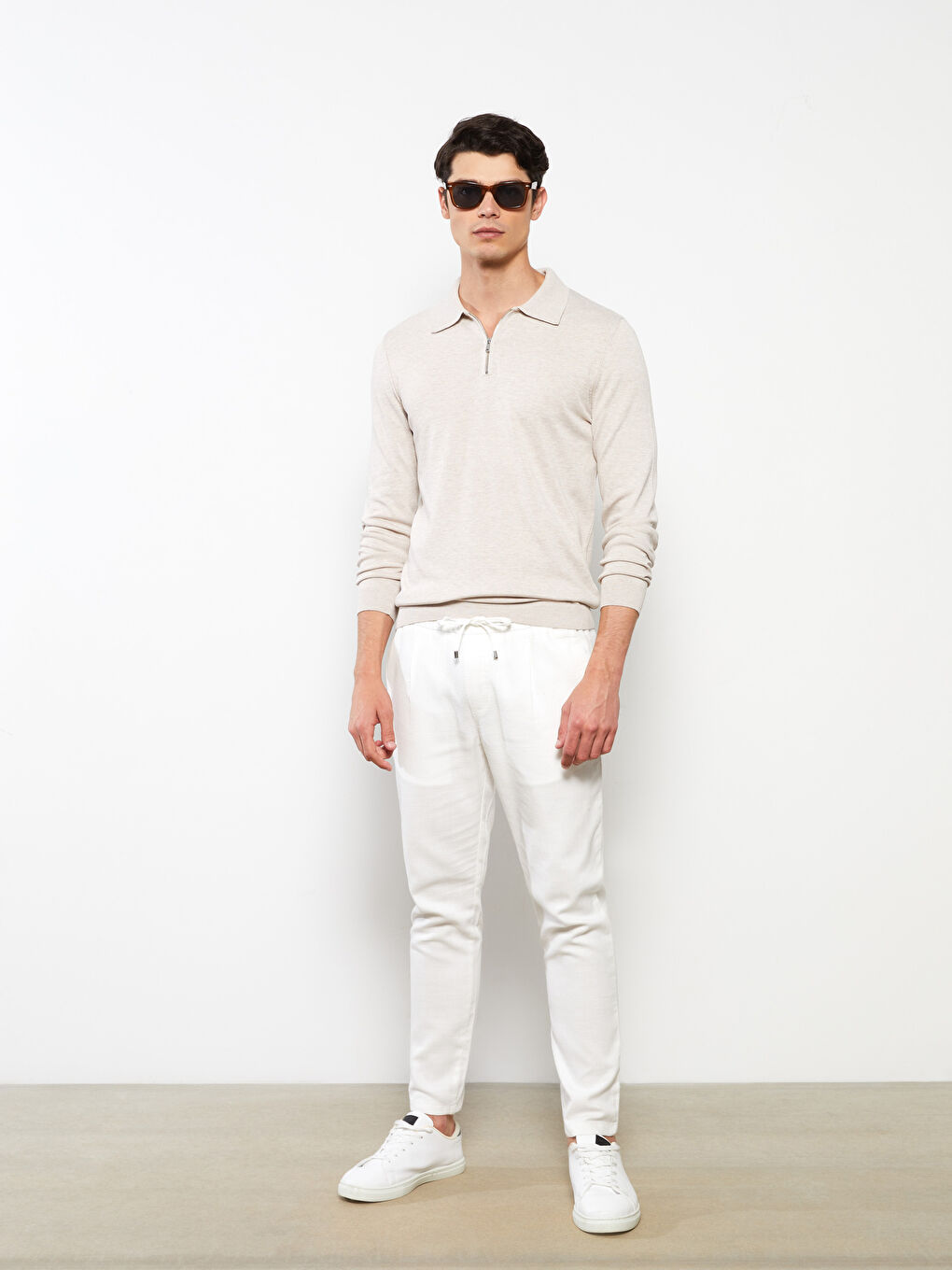 Bej Polo Yaka Uzun Kollu Erkek Triko Kazak-1