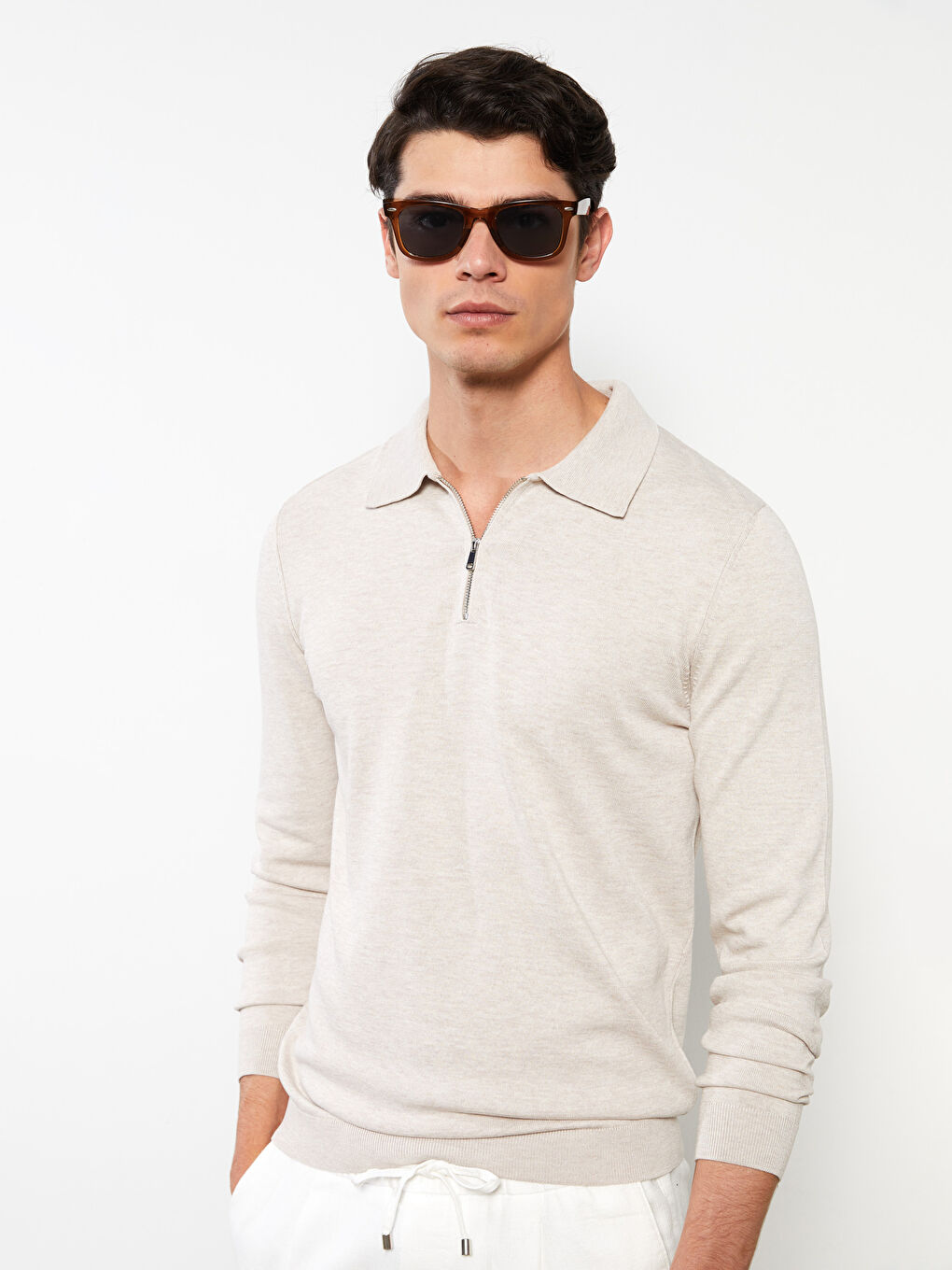 Bej Polo Yaka Uzun Kollu Erkek Triko Kazak-2
