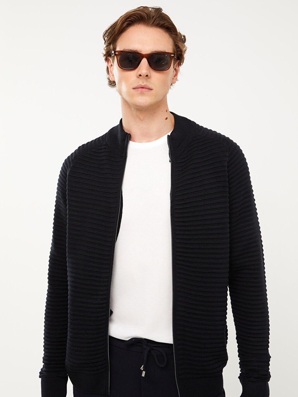 Lacivert Dar Kalıp Dik Yaka Uzun Kollu Erkek Triko Hırka-2