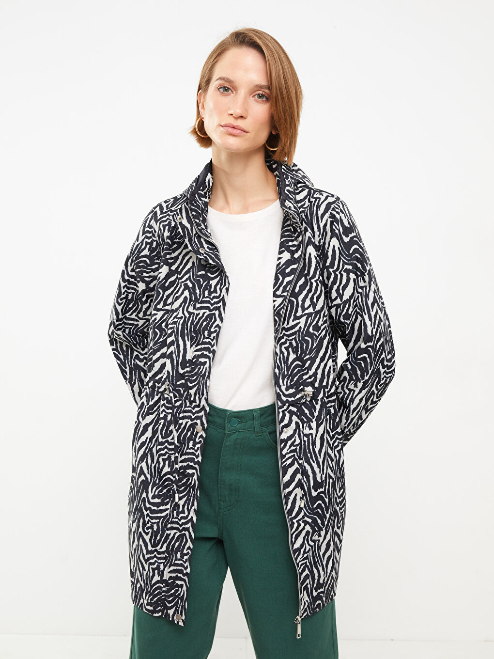 معطف واق من المطر بياقة قمع كم طويل سادة/مطبوع للسيدات