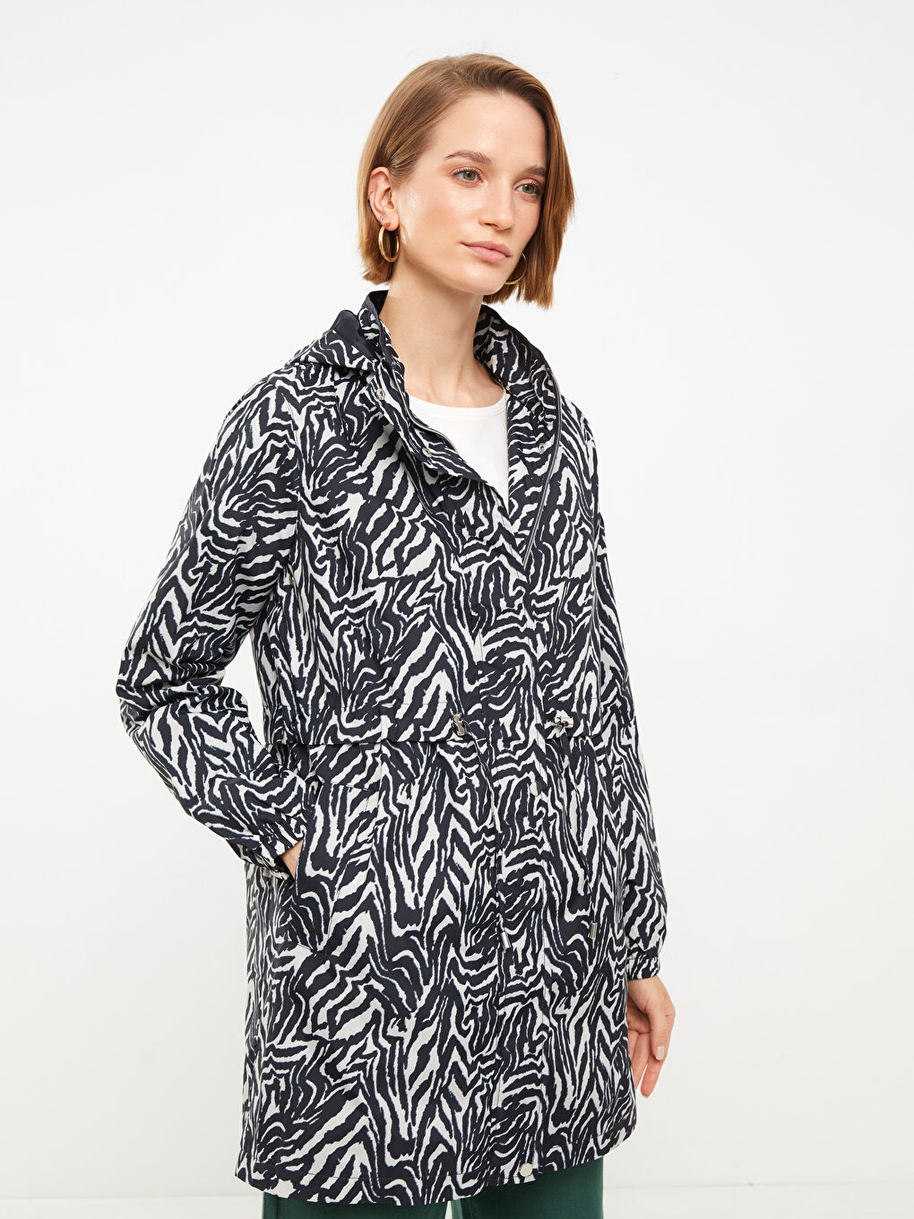 معطف واق من المطر بياقة قمع كم طويل سادة/مطبوع للسيدات-2