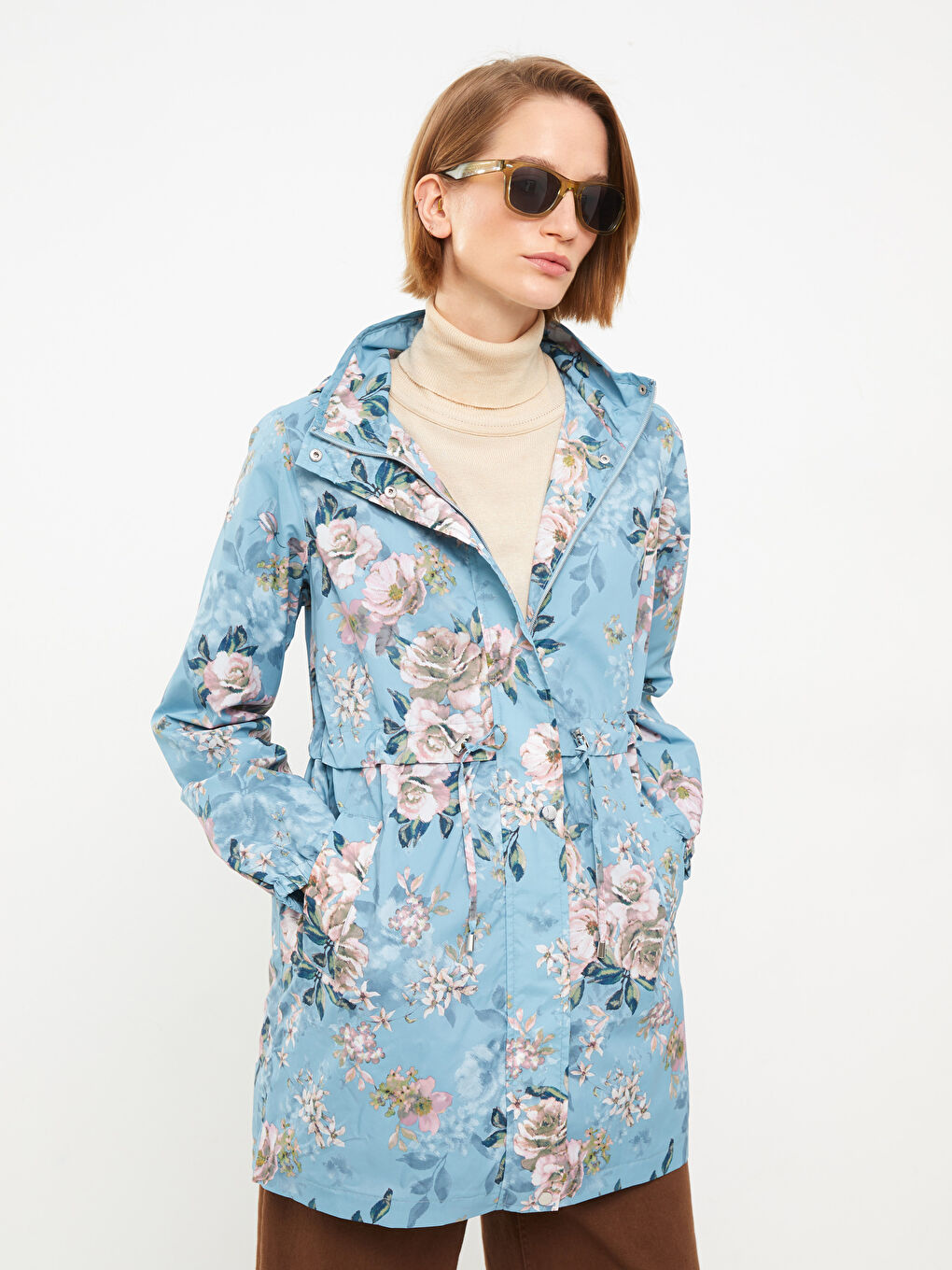 Дождевик с воротником-трубой, с принтом, с длинным рукавом для женщин-1