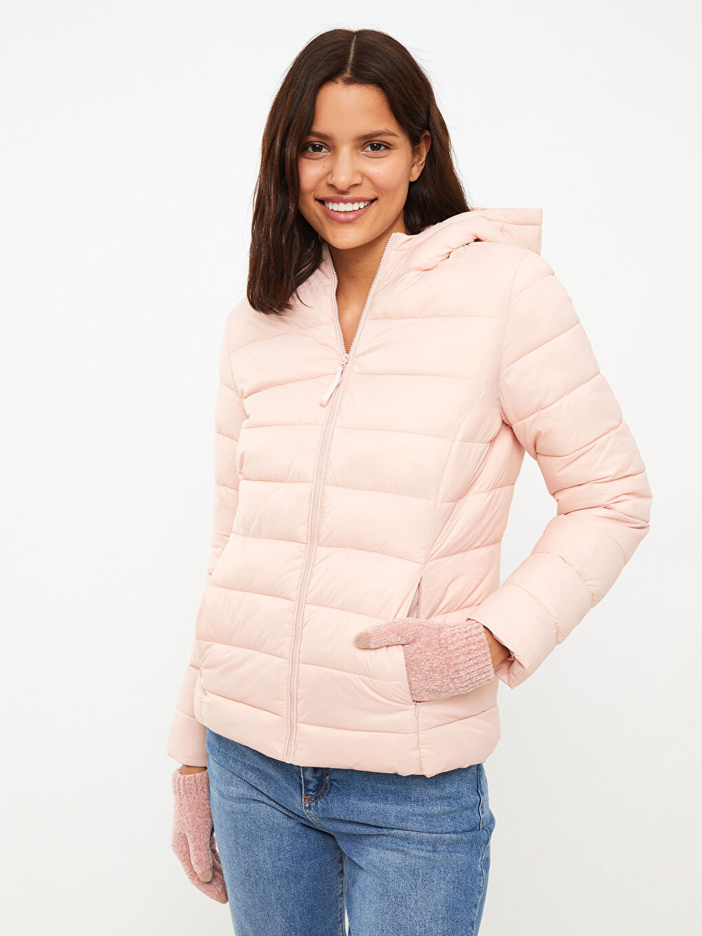 Pembe Kadın Kapüşonlu Düz Şişme Mont-1