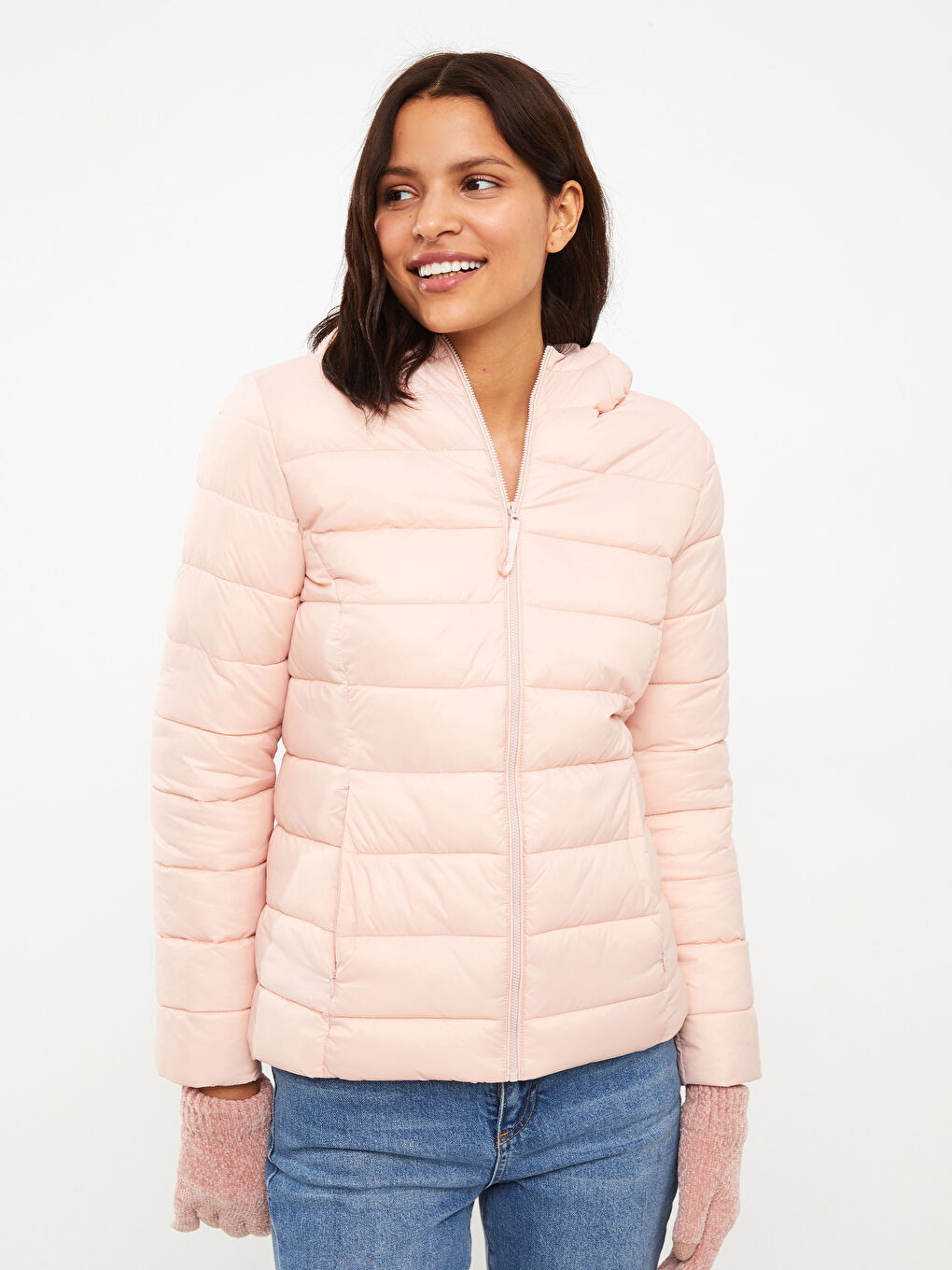 Pembe Kadın Kapüşonlu Düz Şişme Mont-2