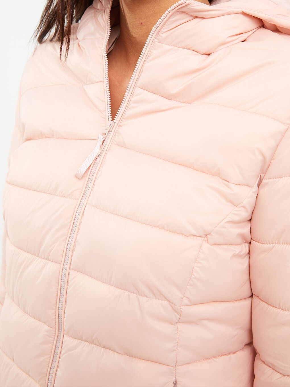 Pembe Kadın Kapüşonlu Düz Şişme Mont-4