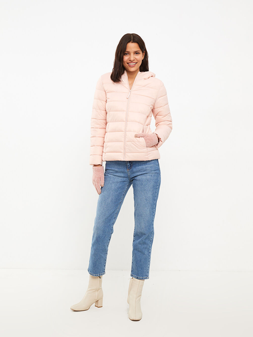 Pembe Kadın Kapüşonlu Düz Şişme Mont-5