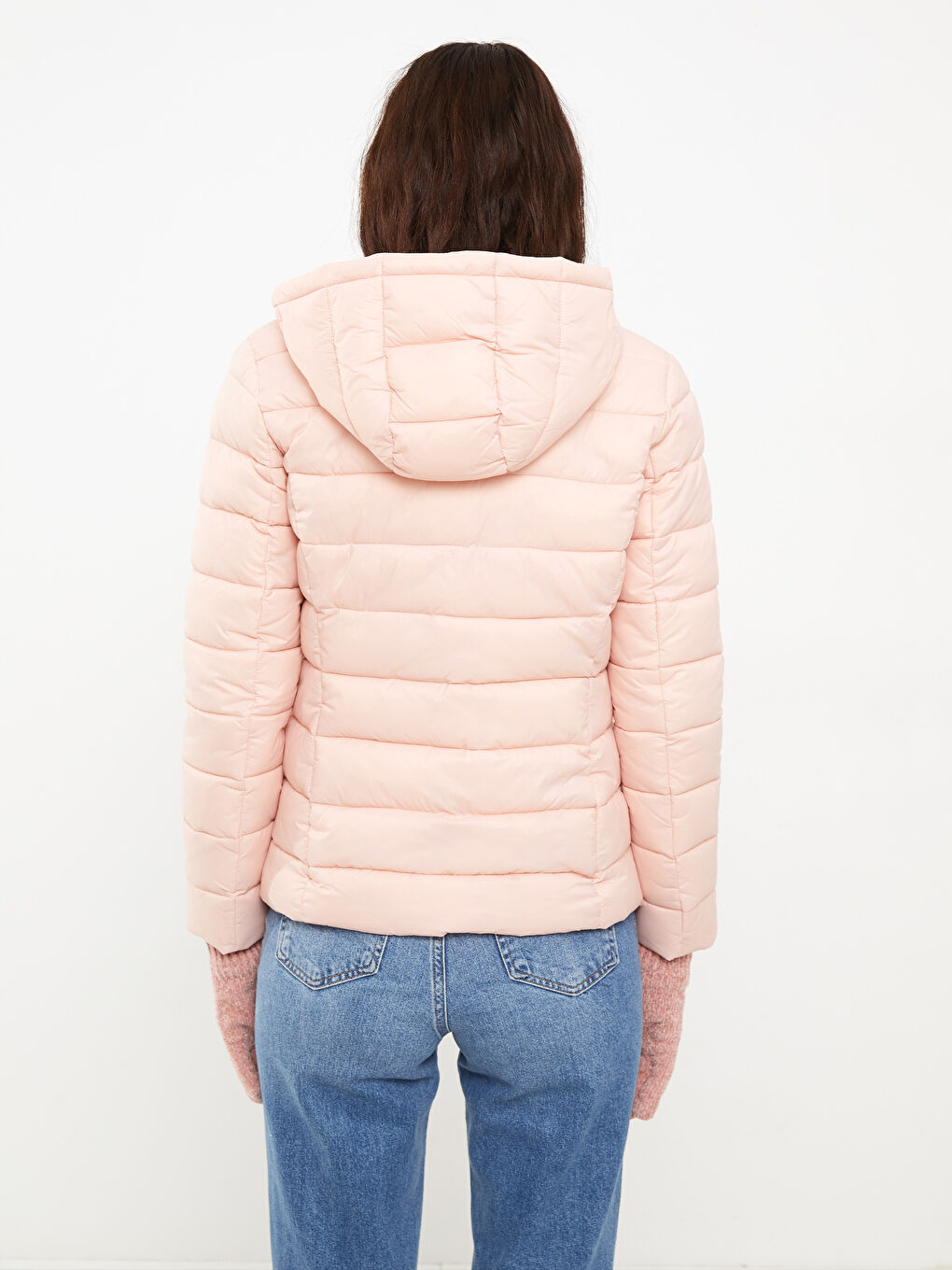 Pembe Kadın Kapüşonlu Düz Şişme Mont-6