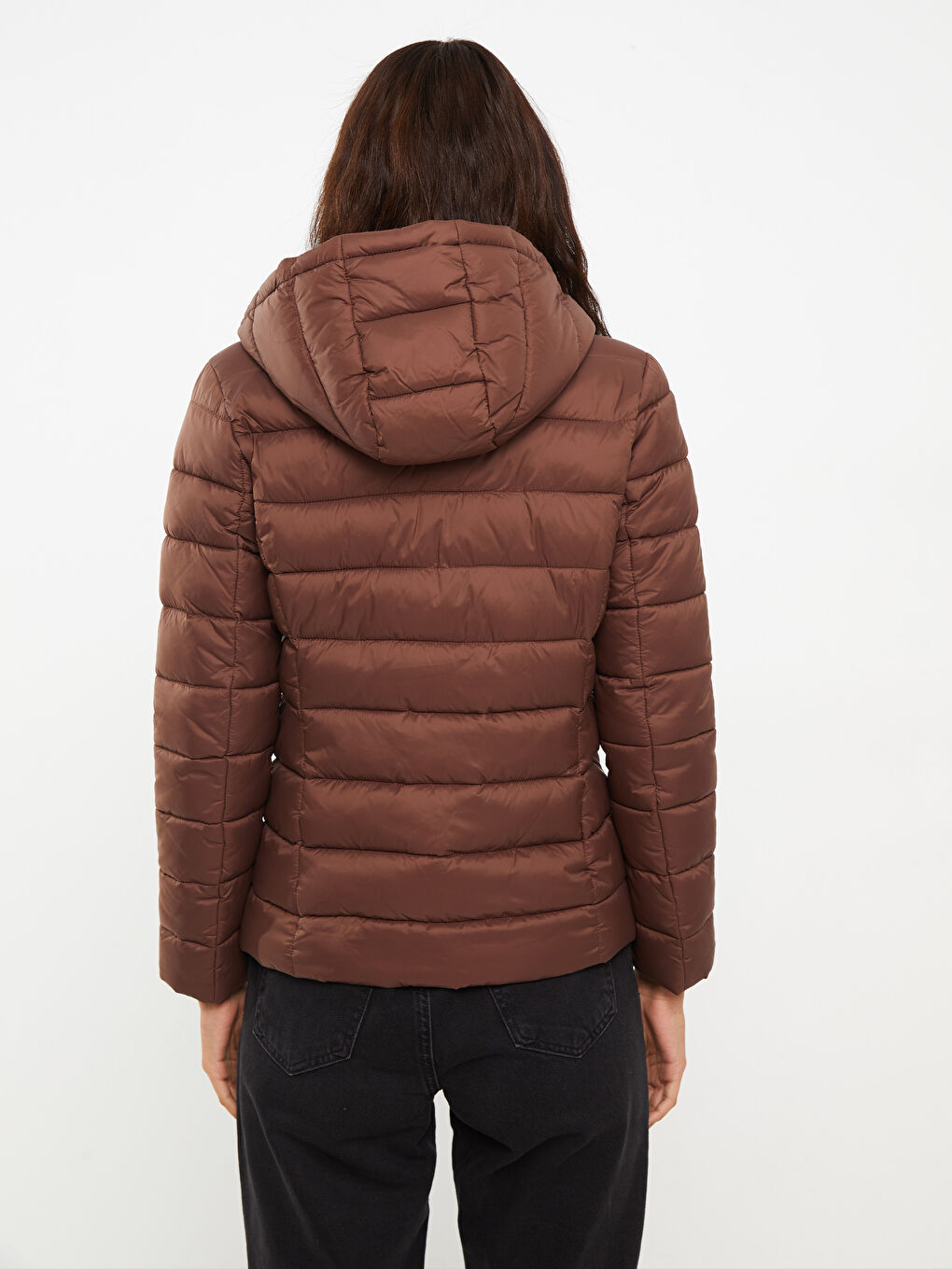 Kahverengi Kadın Kapüşonlu Düz Şişme Mont-5