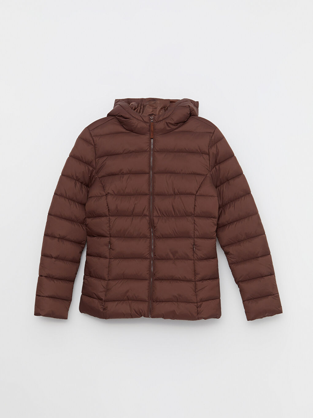 Kahverengi Kadın Kapüşonlu Düz Şişme Mont-6