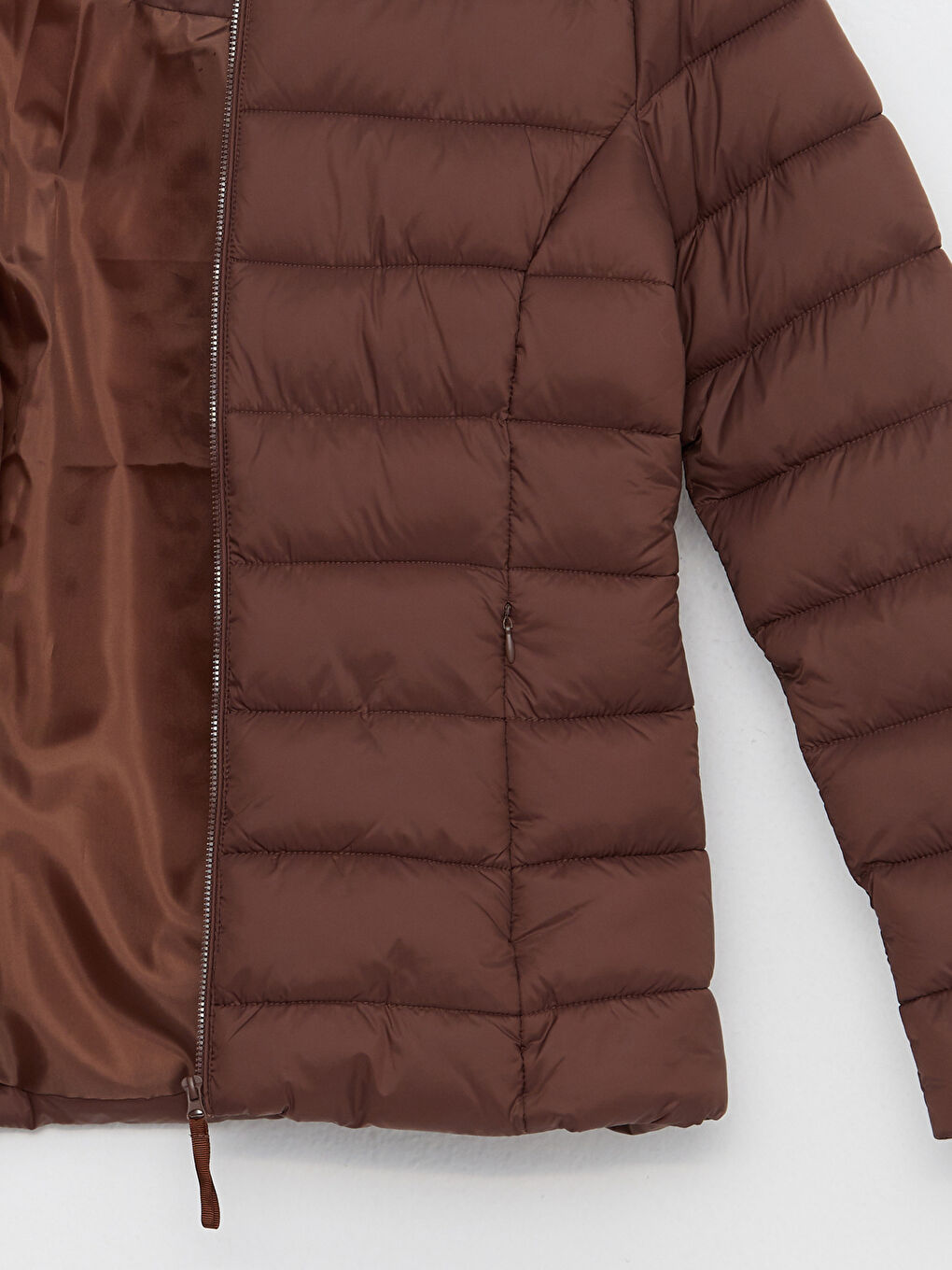 Kahverengi Kadın Kapüşonlu Düz Şişme Mont-7