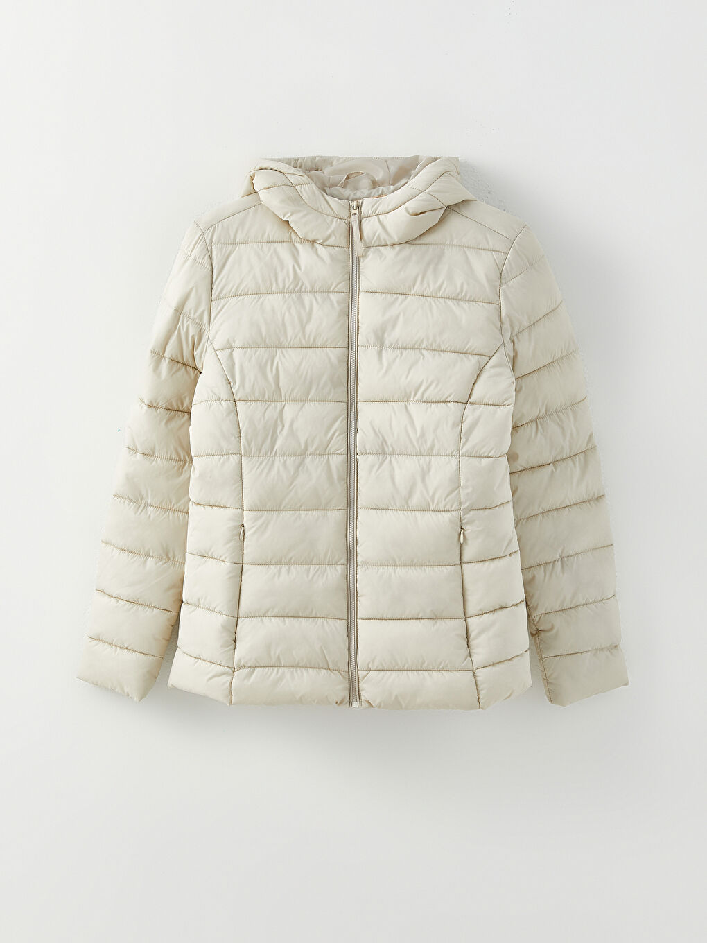 Bej Kadın Kapüşonlu Düz Şişme Mont-6