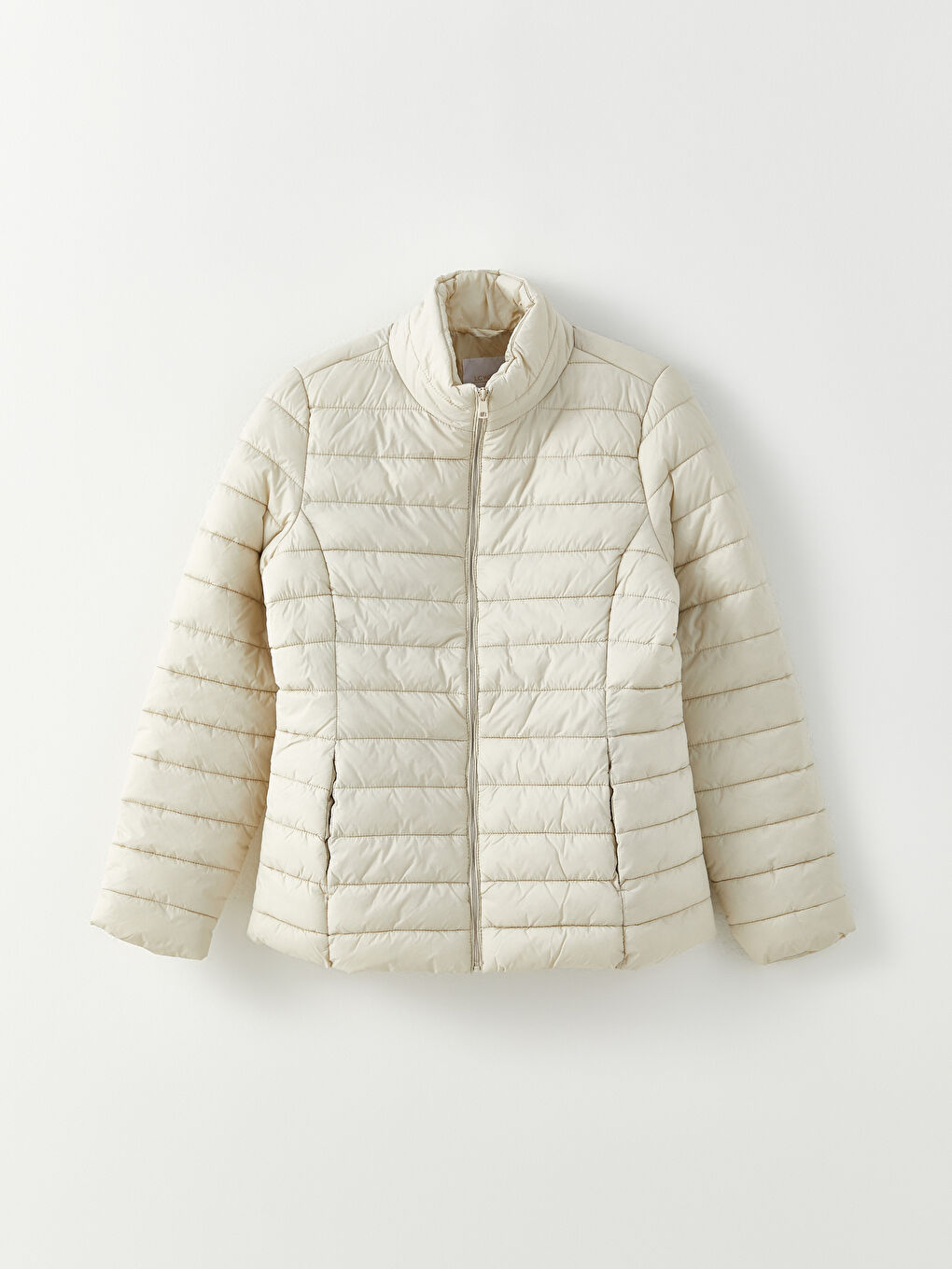 Bej Dik Yaka Düz Uzun Kollu Kadın Şişme Mont-6