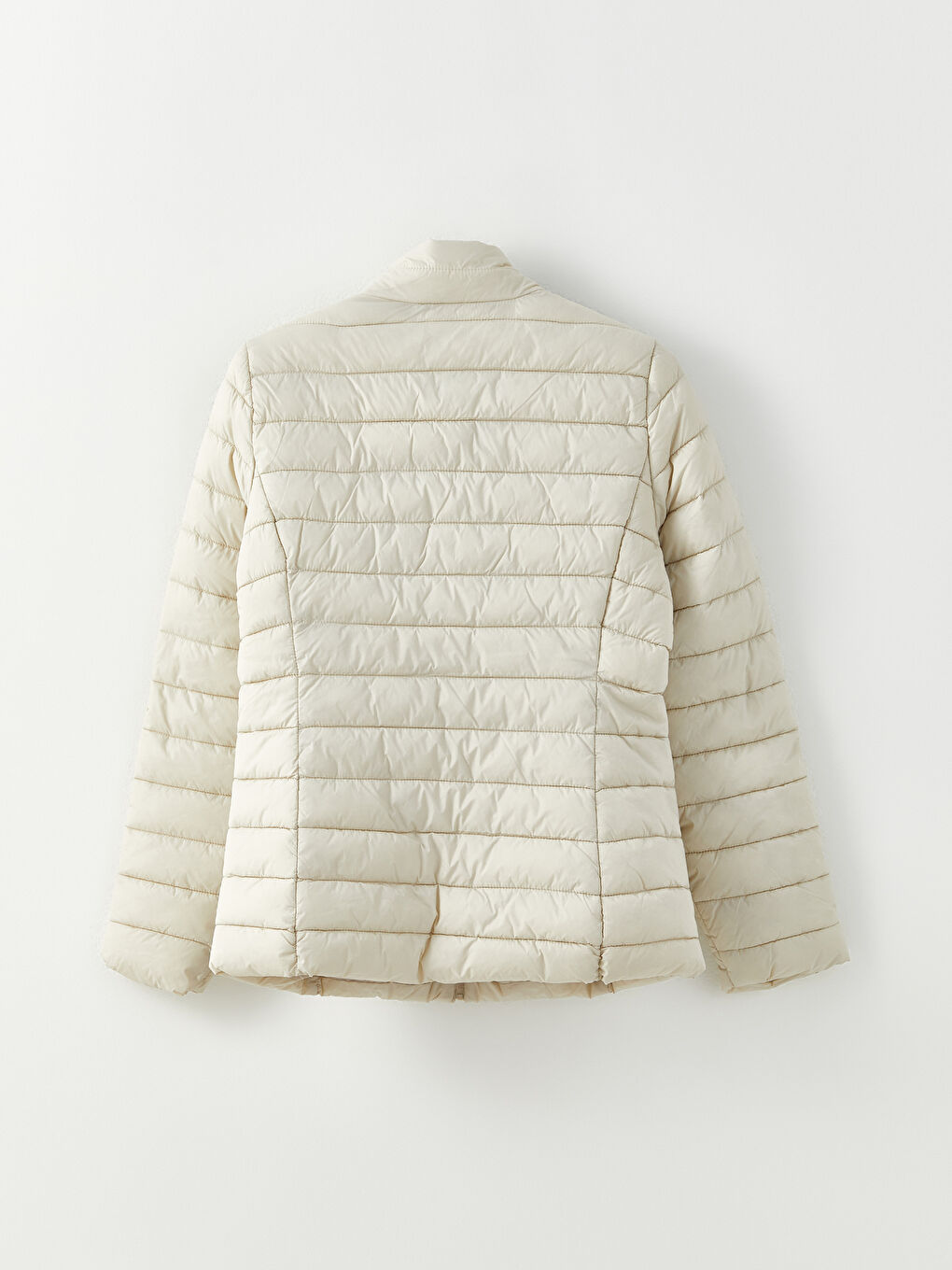 Bej Dik Yaka Düz Uzun Kollu Kadın Şişme Mont-8