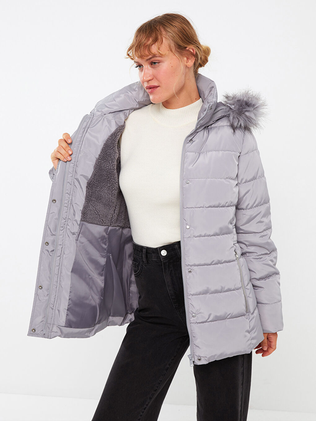 Women's Hooded Plain Puffer Coat-2