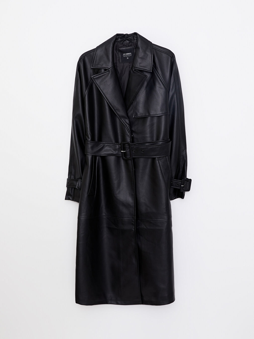 Siyah Ceket Yaka Kadın Deri Görünümlü Mont-6