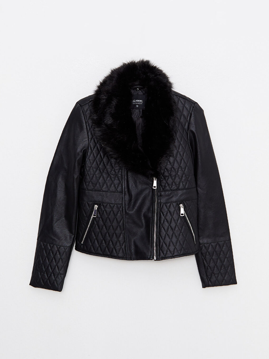 Женская куртка из искусственной кожи с байкерским воротником и однотонным дизайном-6