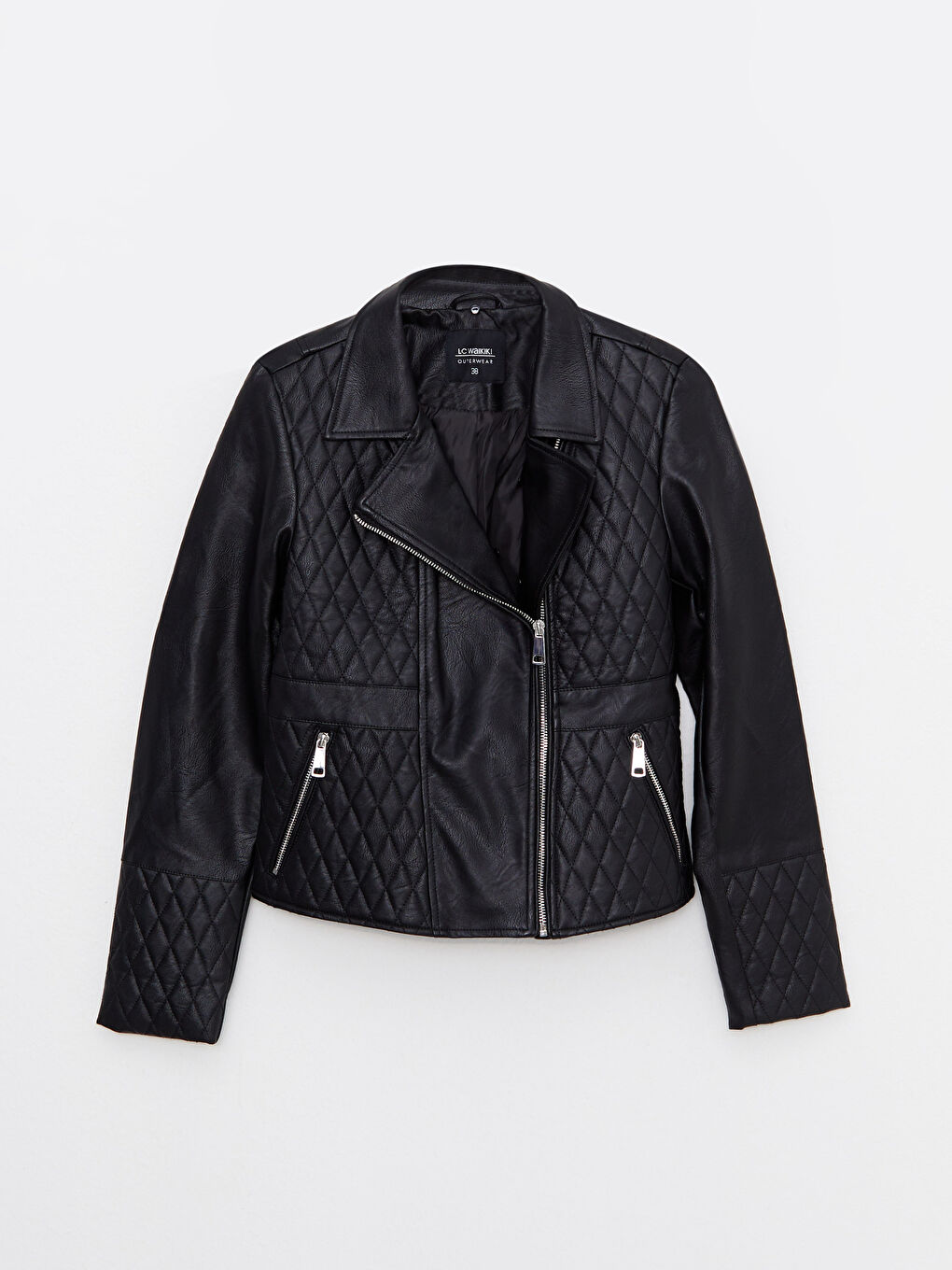 Женская куртка из искусственной кожи с байкерским воротником и однотонным дизайном-7