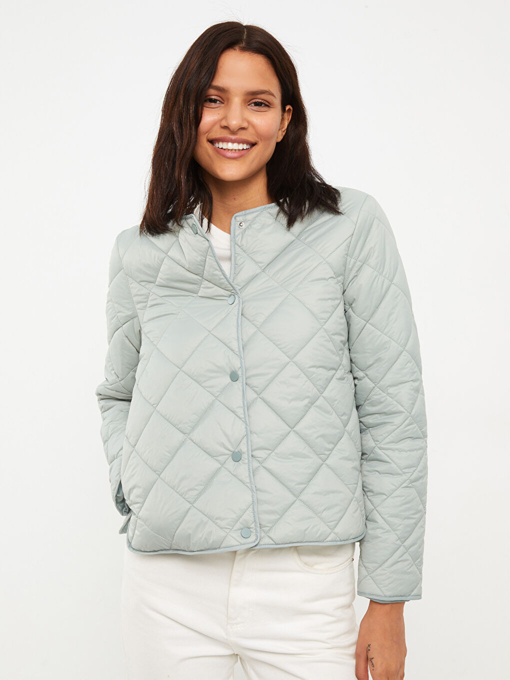 Yeşil Bisiklet Yaka Kapitone Desenli Uzun Kollu Kadın Şişme Mont-1