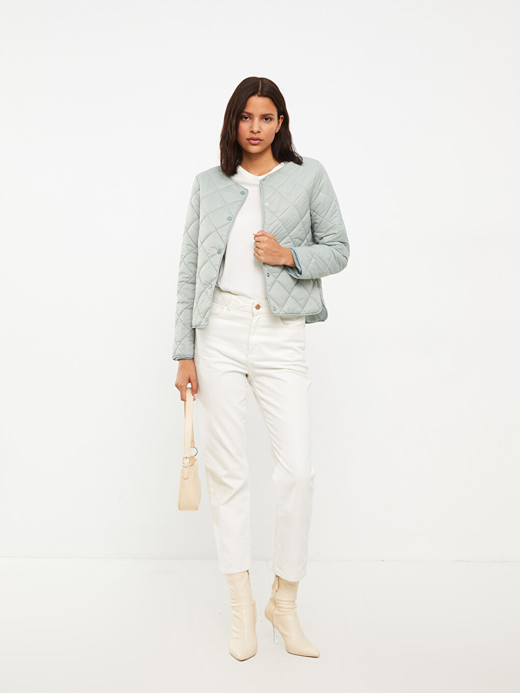 Yeşil Bisiklet Yaka Kapitone Desenli Uzun Kollu Kadın Şişme Mont-2