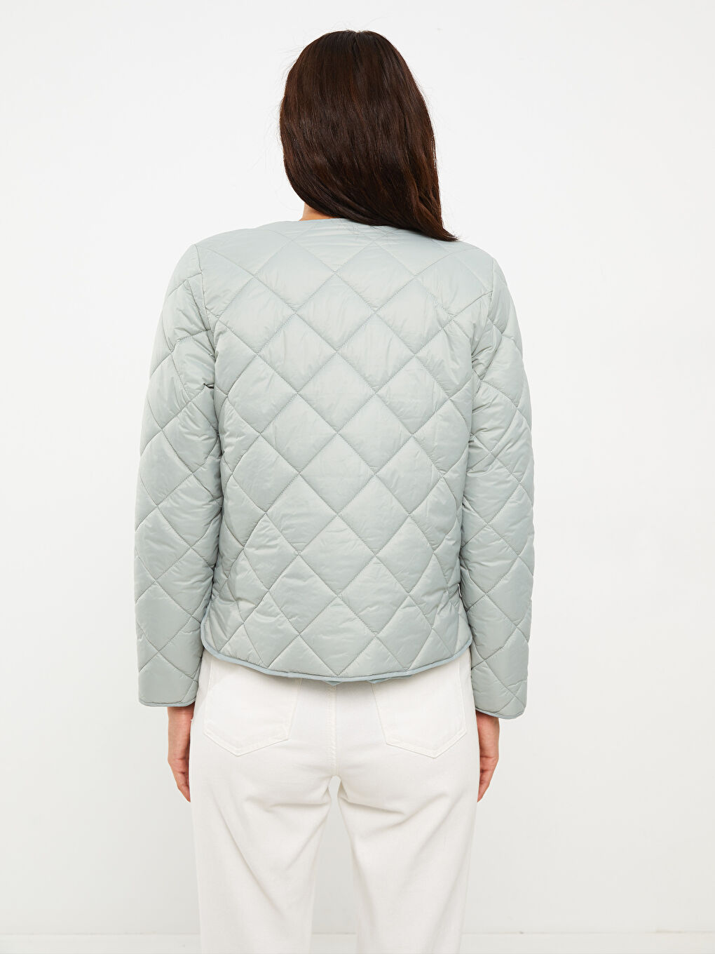 Yeşil Bisiklet Yaka Kapitone Desenli Uzun Kollu Kadın Şişme Mont-5