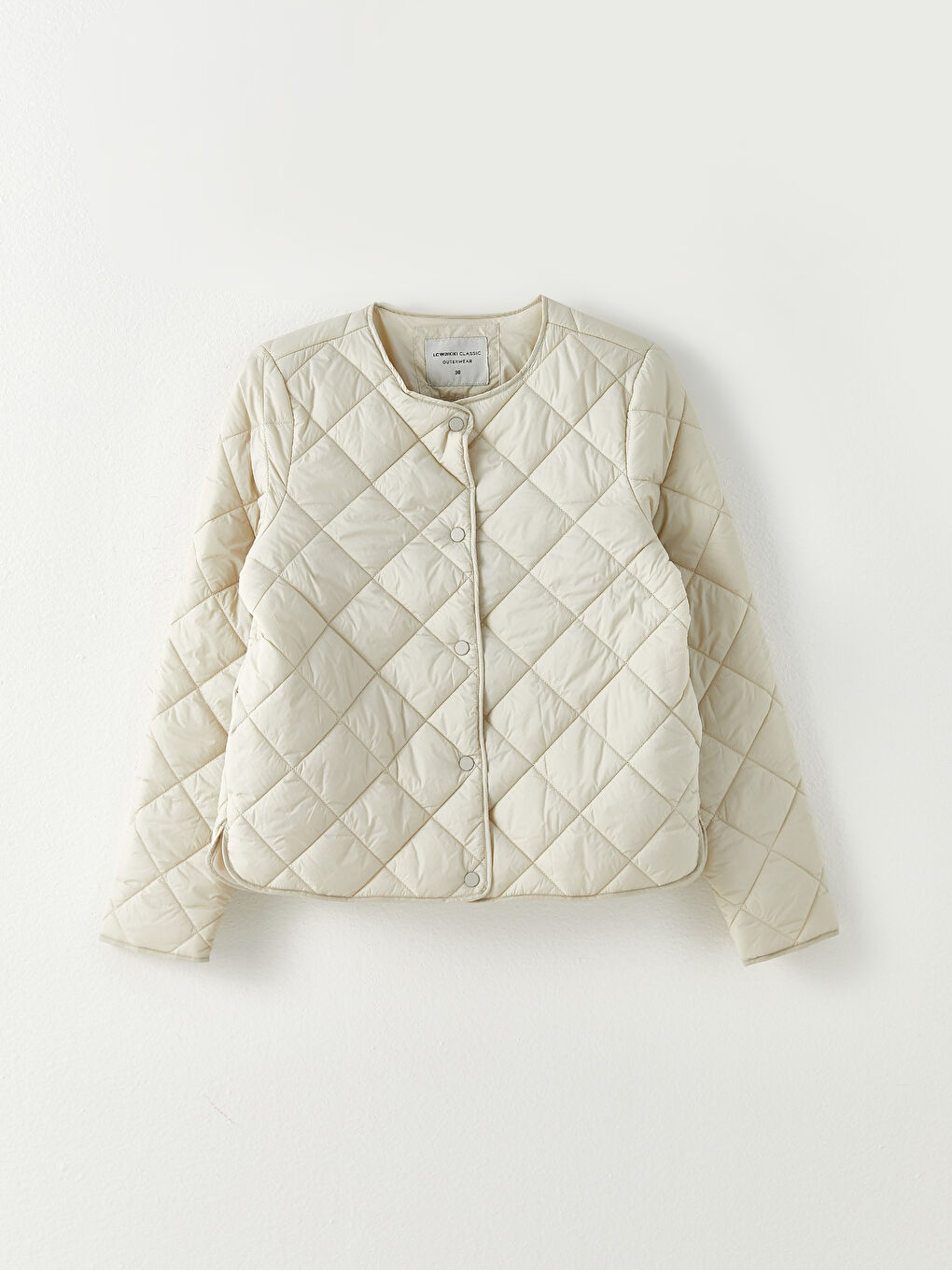 Bej Bisiklet Yaka Kapitone Desenli Uzun Kollu Kadın Şişme Mont-7