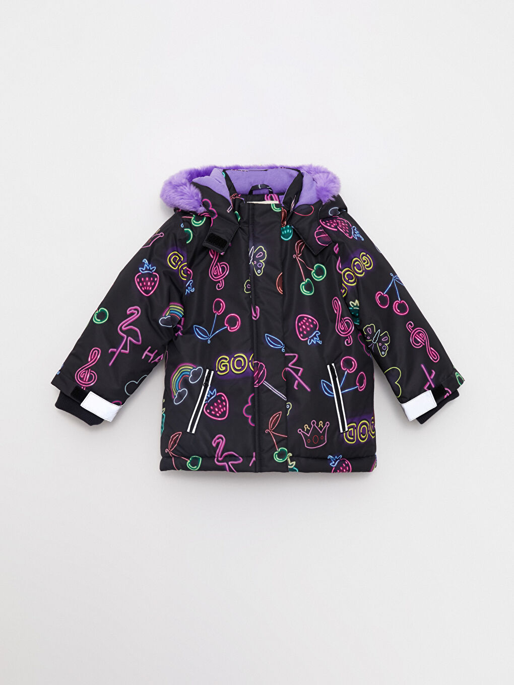 Siyah Kapüşonlu Uzun Kollu Baskılı Kız Bebek Kayak Montu