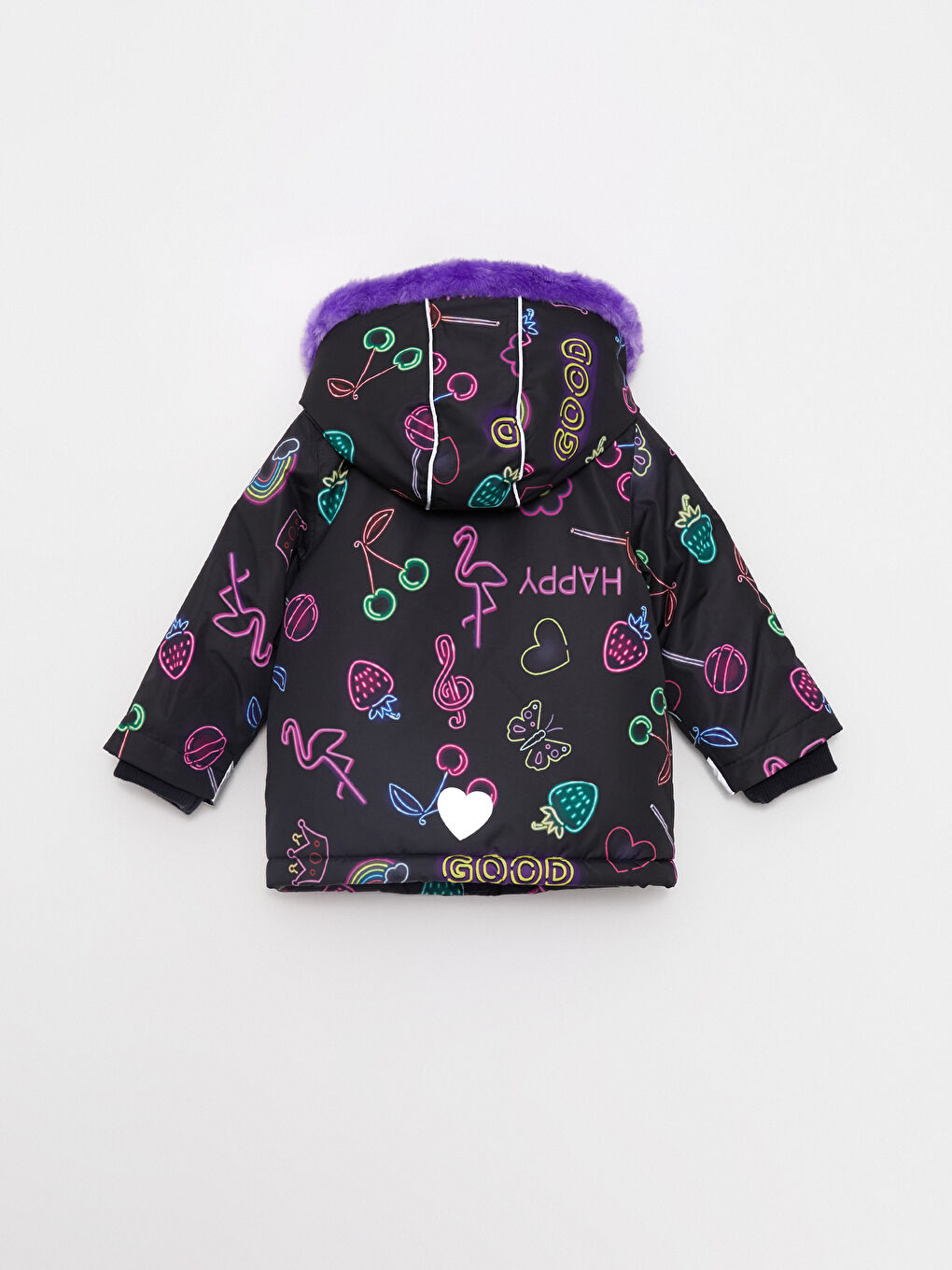 Siyah Kapüşonlu Uzun Kollu Baskılı Kız Bebek Kayak Montu-3