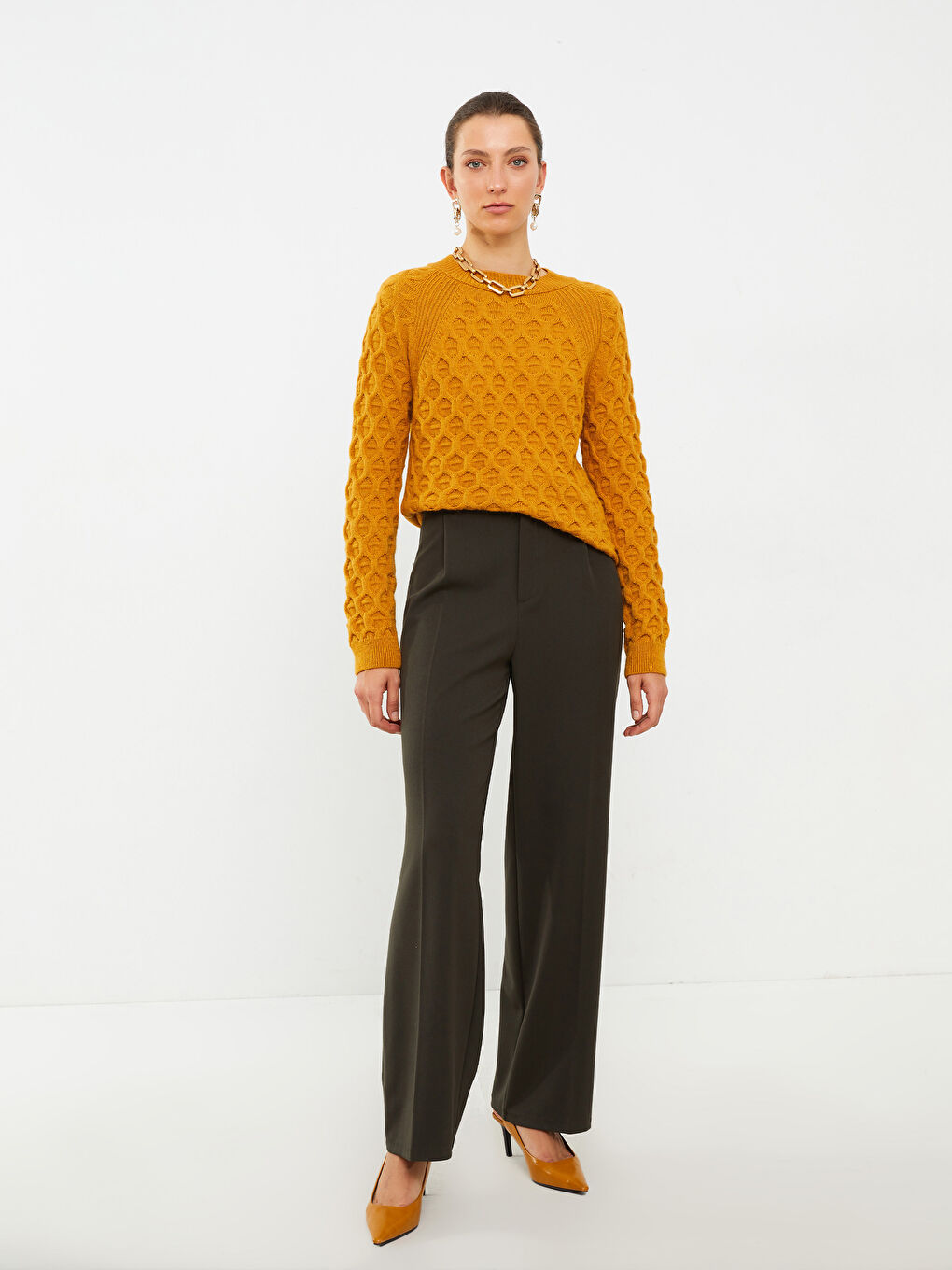 әйелдерге арналған дөңгелек жағалы өрнекті ұзын жең трикотаж жемпір