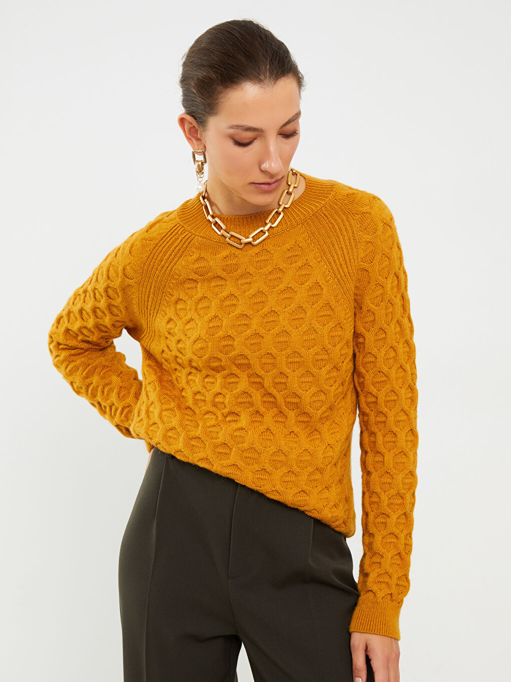 әйелдерге арналған дөңгелек жағалы өрнекті ұзын жең трикотаж жемпір-2