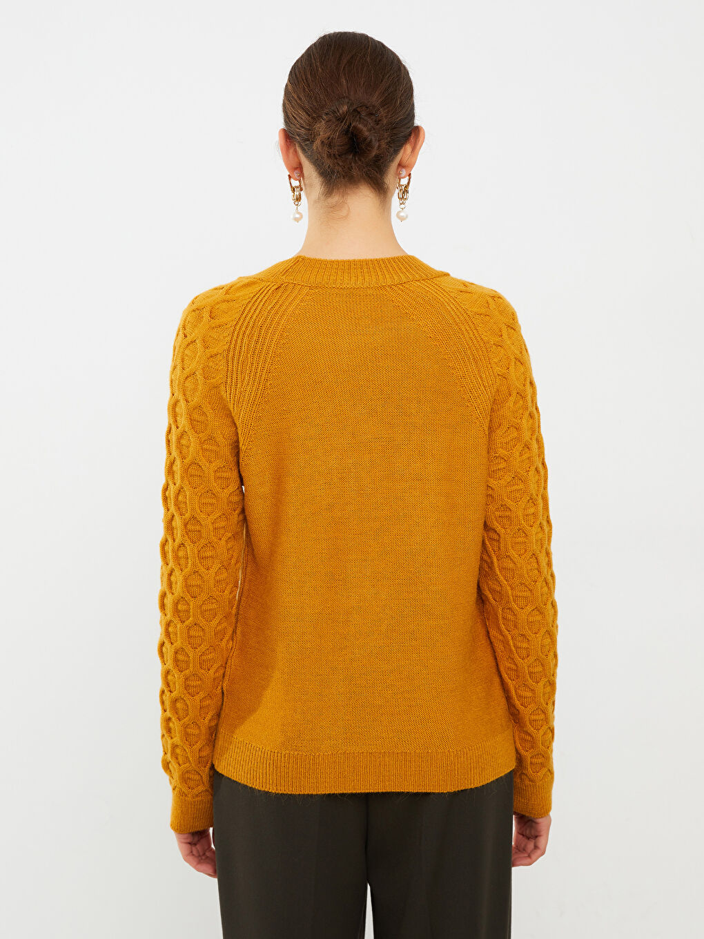 әйелдерге арналған дөңгелек жағалы өрнекті ұзын жең трикотаж жемпір-4