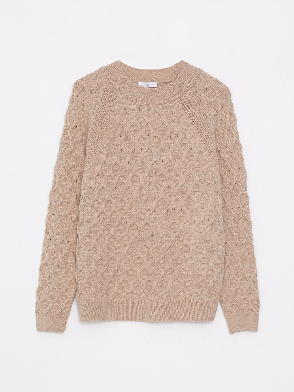 Bej Bisiklet Yaka Kendinden Desenli Uzun Kollu Kadın Triko Kazak-6