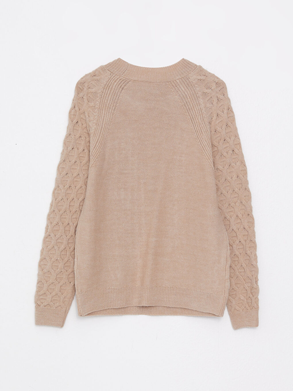 Bej Bisiklet Yaka Kendinden Desenli Uzun Kollu Kadın Triko Kazak-7