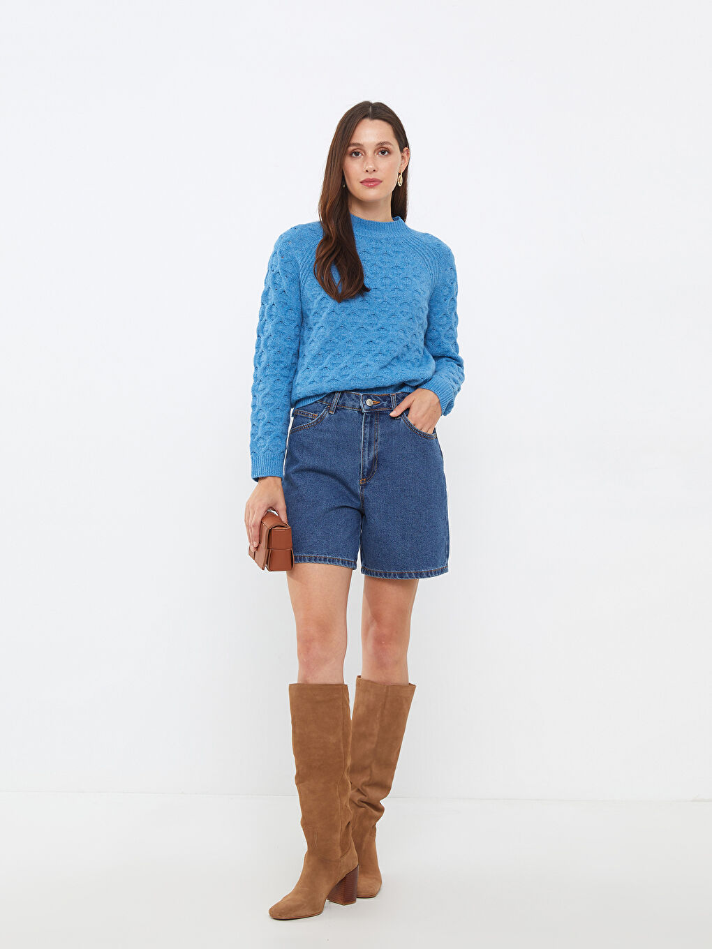 әйелдерге арналған дөңгелек жағалы өрнекті ұзын жең трикотаж жемпір-1