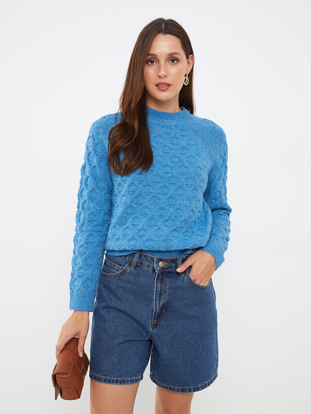 әйелдерге арналған дөңгелек жағалы өрнекті ұзын жең трикотаж жемпір-2