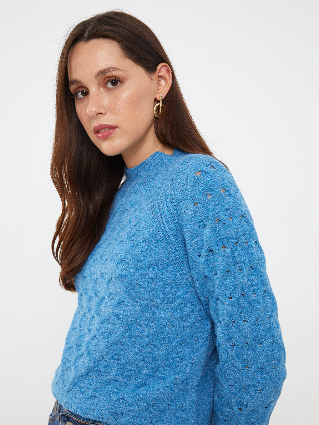 әйелдерге арналған дөңгелек жағалы өрнекті ұзын жең трикотаж жемпір-3