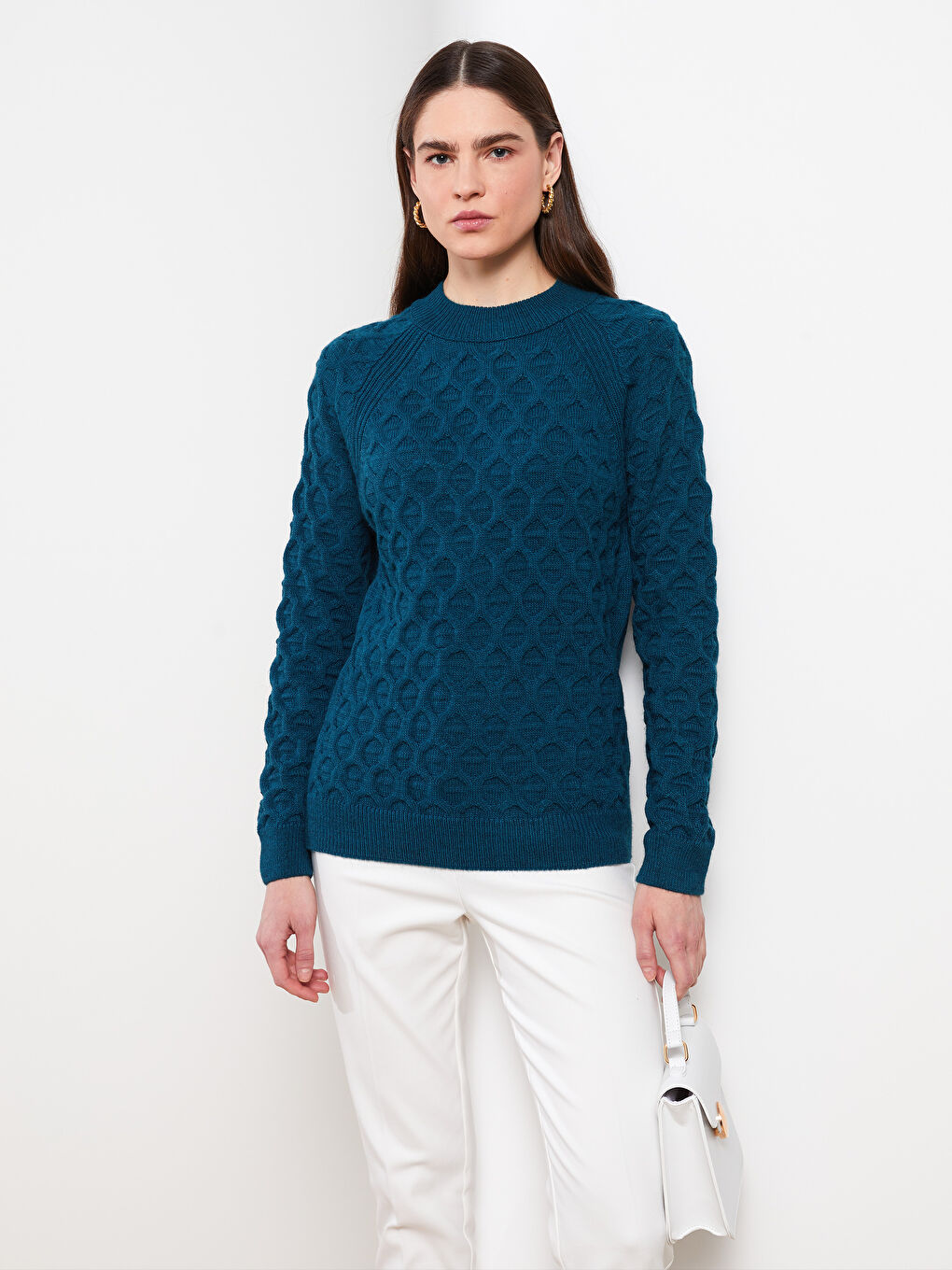 Crew Neck Self Patterned Long Sleeve Women's Knitwear Sweater