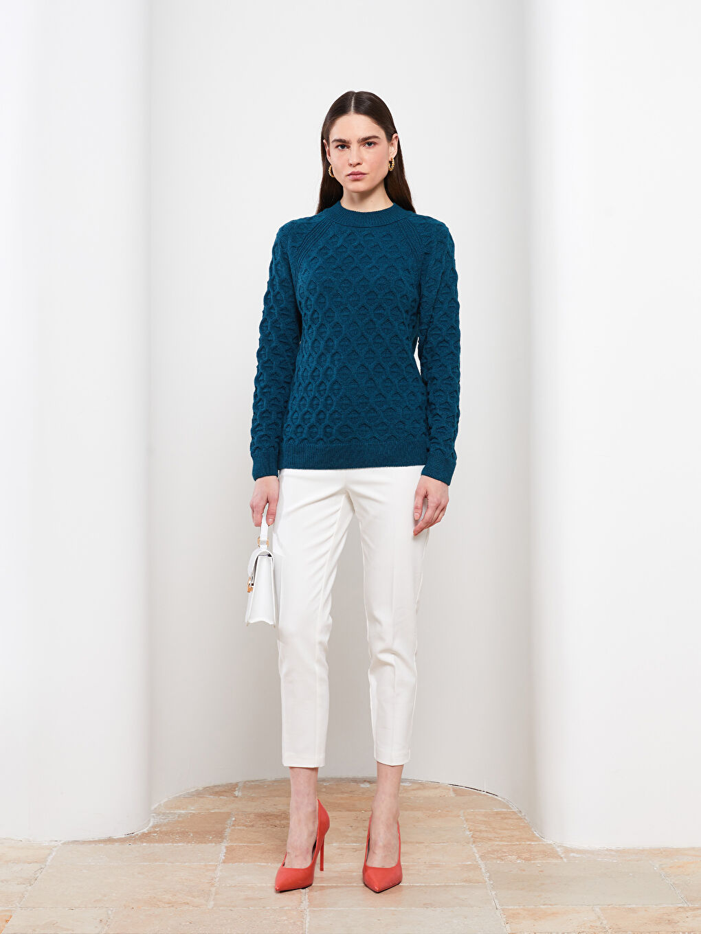 Crew Neck Self Patterned Long Sleeve Women's Knitwear Sweater-2