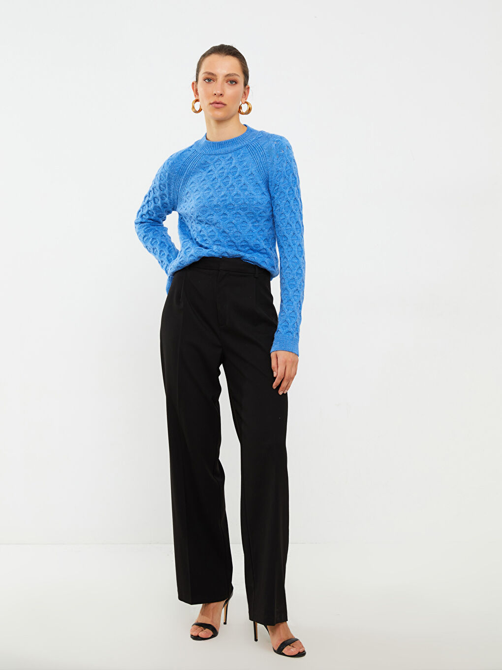 Crew Neck Self Patterned Long Sleeve Women's Knitwear Sweater