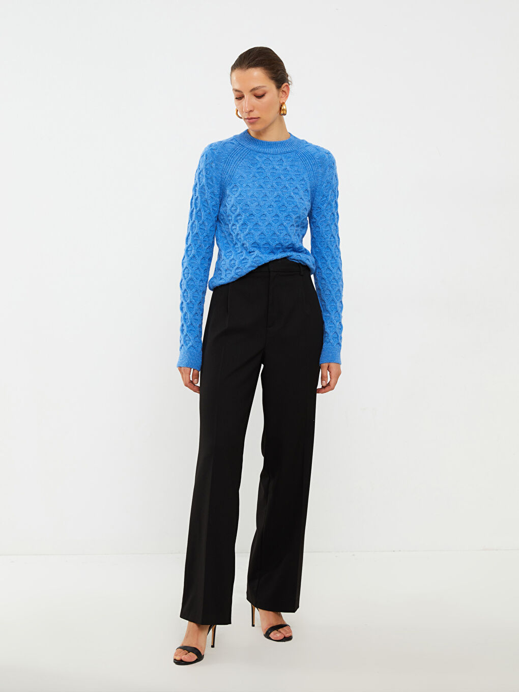 Crew Neck Self Patterned Long Sleeve Women's Knitwear Sweater-1