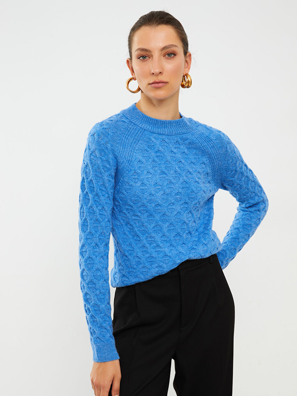 Crew Neck Self Patterned Long Sleeve Women's Knitwear Sweater-2