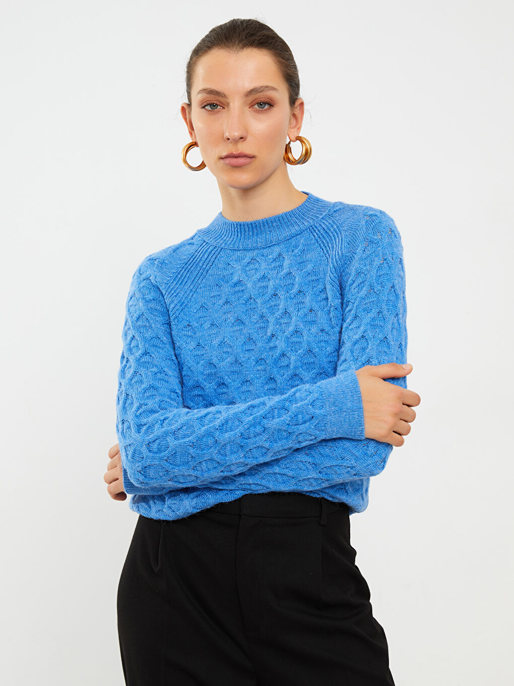 Crew Neck Self Patterned Long Sleeve Women's Knitwear Sweater-3