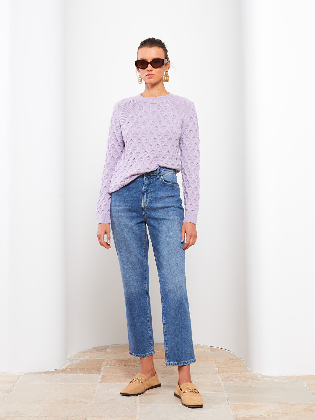Crew Neck Self Patterned Long Sleeve Women's Knitwear Sweater