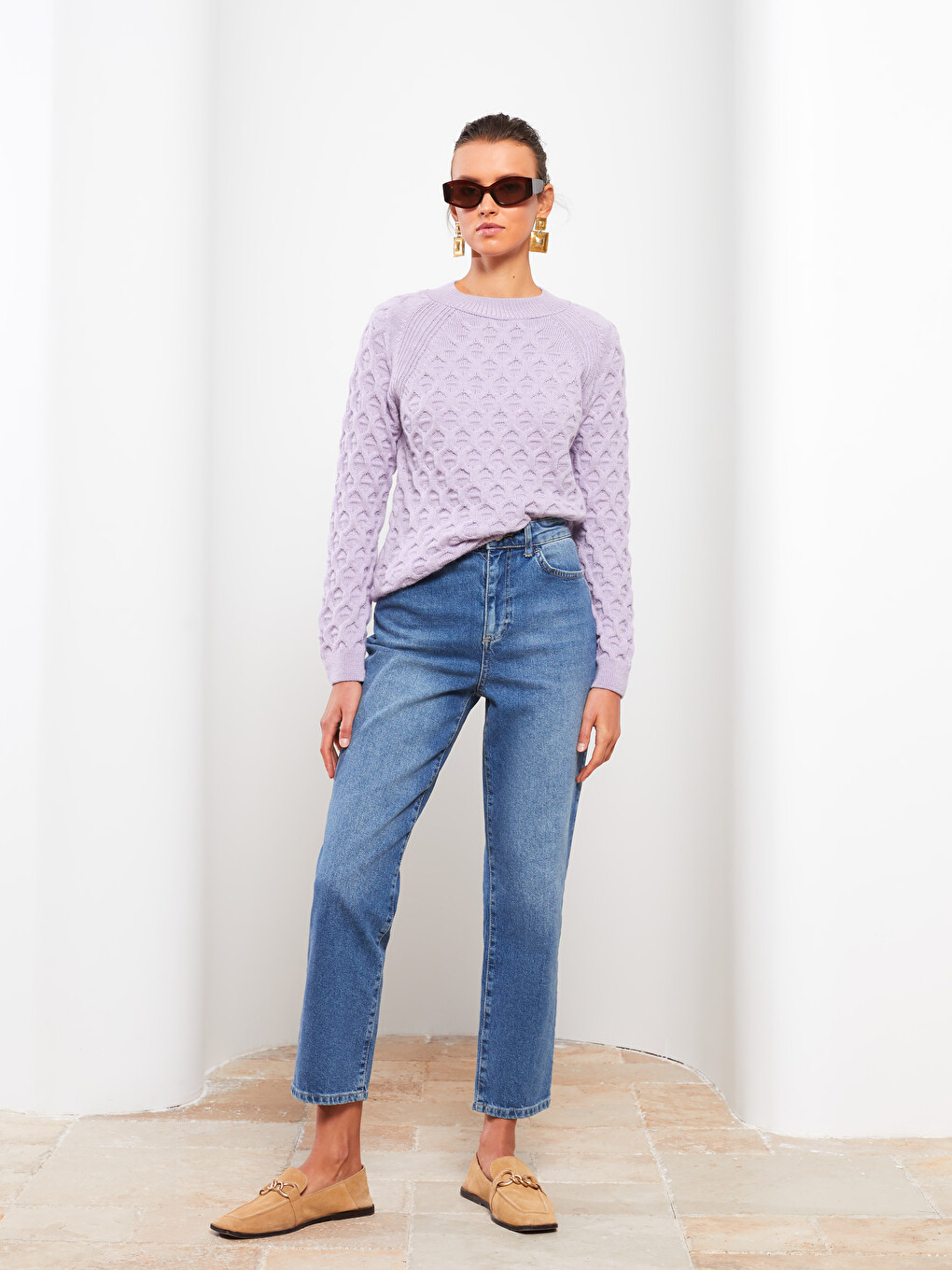 Crew Neck Self Patterned Long Sleeve Women's Knitwear Sweater-1