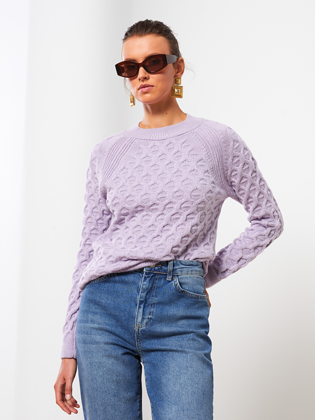 Crew Neck Self Patterned Long Sleeve Women's Knitwear Sweater-3