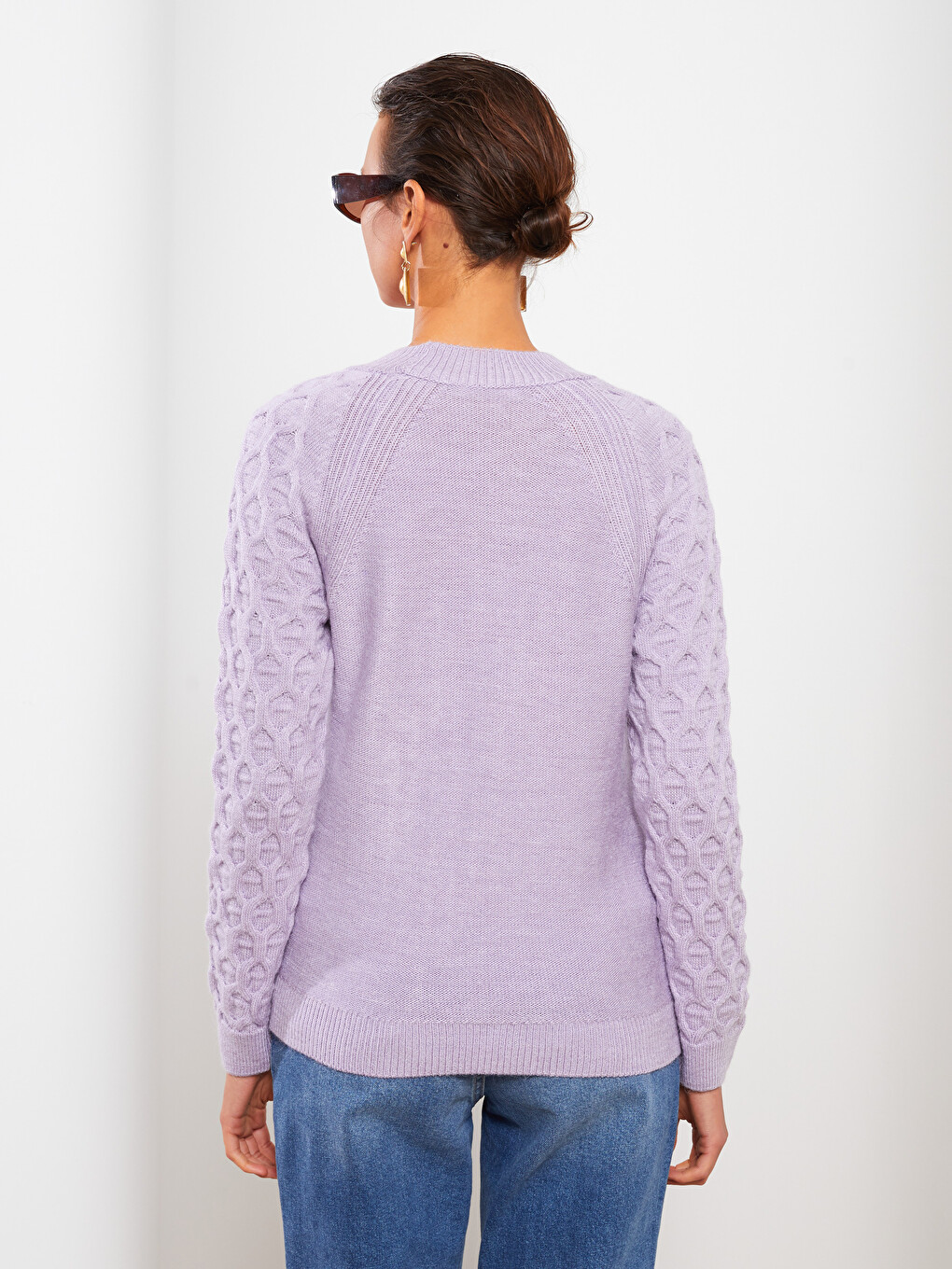 Crew Neck Self Patterned Long Sleeve Women's Knitwear Sweater-5
