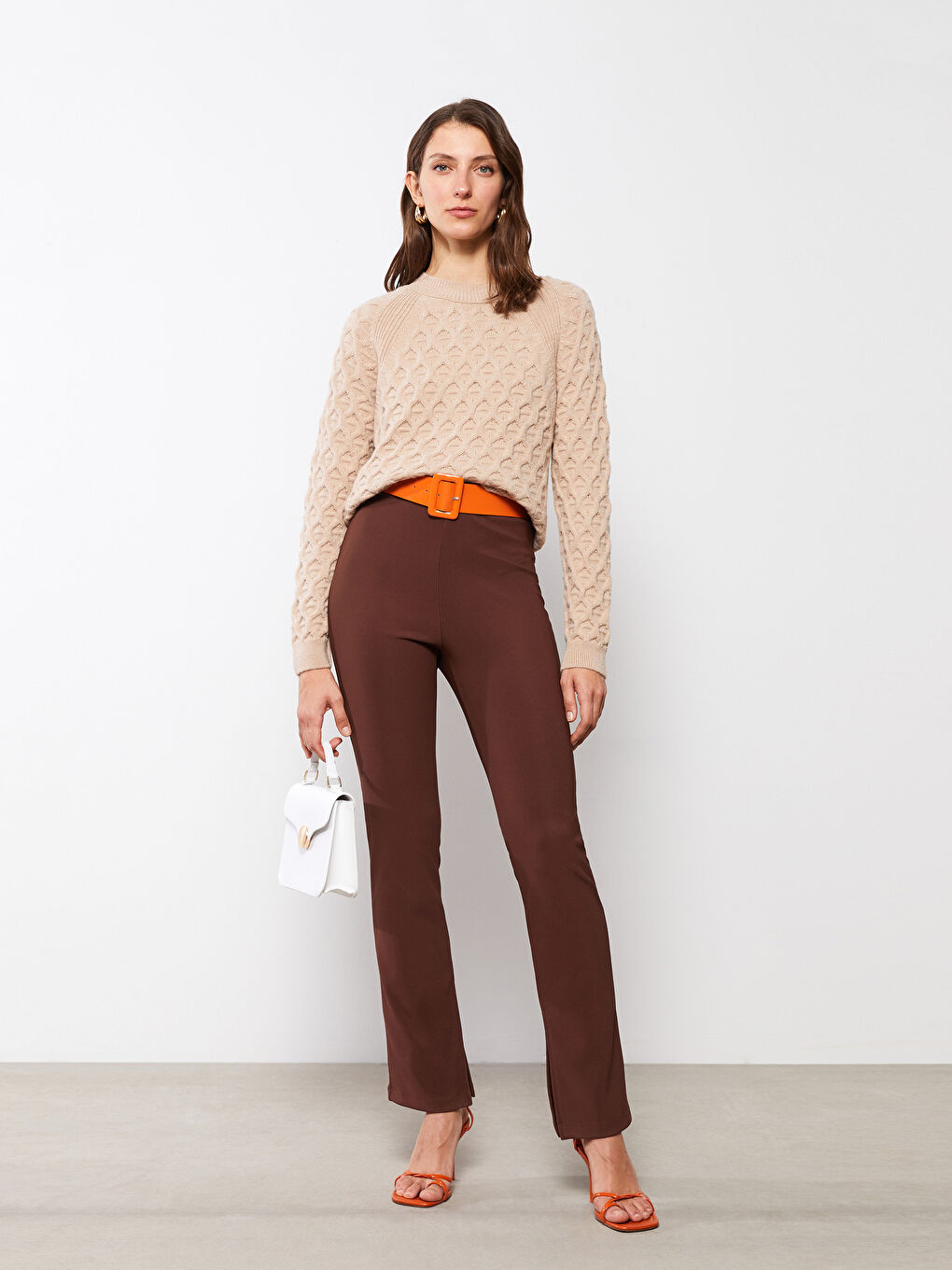 Bej Bisiklet Yaka Kendinden Desenli Uzun Kollu Kadın Triko Kazak-1