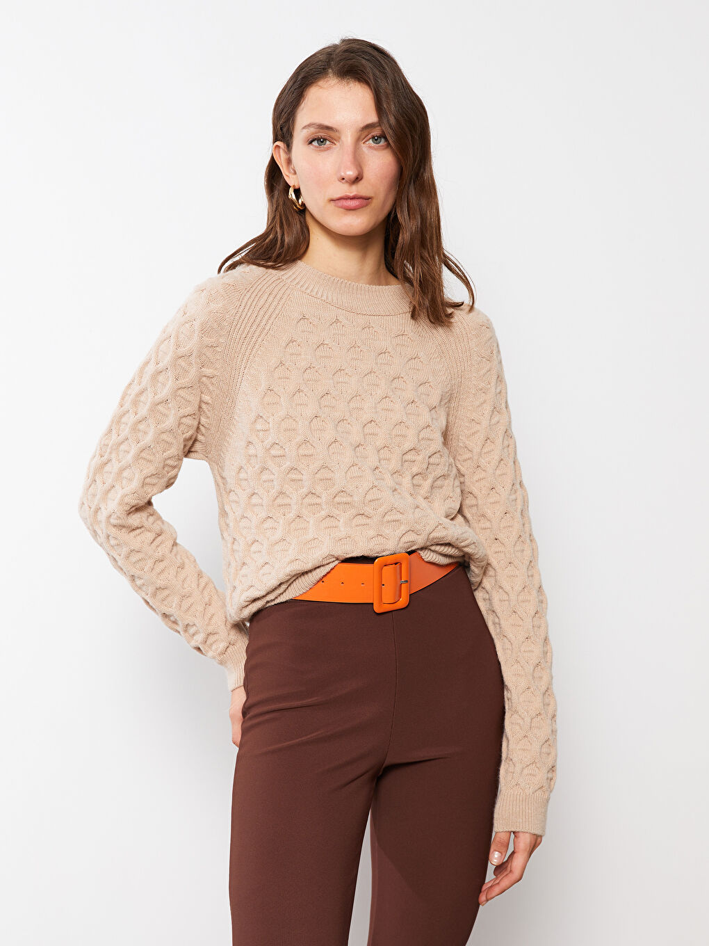 Bej Bisiklet Yaka Kendinden Desenli Uzun Kollu Kadın Triko Kazak-2